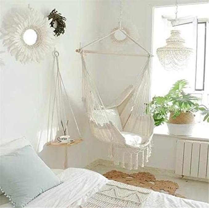 Hammock Chair Hanging Rope Swing Seat for Indoor Outdoor Deluxe Cushion for Macrame Swinging Chairs &amp Hanging Kit for Home Bedroom Patio Porch
