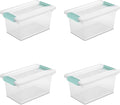 Sterilite Medium Clip Box Stackable Small Storage Bin with Latching Lid Plastic Container to Organize Office Crafts Clear Base and Lid 4-Pack