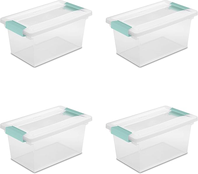 Sterilite Medium Clip Box Stackable Small Storage Bin with Latching Lid Plastic Container to Organize Office Crafts Clear Base and Lid 4-Pack