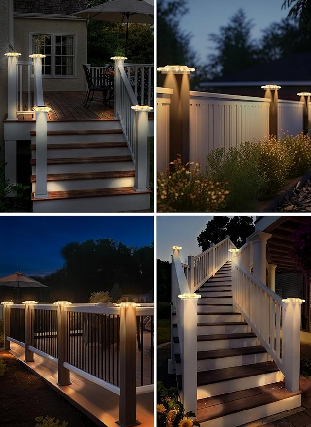 T-SUN Solar Post Cap Lights 4x4 Deck Post Solar Powered Lights 12 Packs IP65 Waterproof Outdoor for Stairs Steps Railings Vinyl &amp Wood Fence Tops Yard Patio Auto Dusk to Dawn (Warm White)