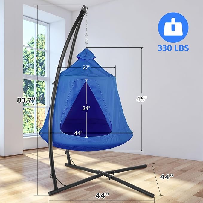 Arlopu Hanging Hammock X-Stand w/Tree Tent Indoor Metal Swing Chair w/Play Tent Outdoor Egg Basket Patio Seat Porch Bedroom Balcony Chair w/Adjustable Solid Stand (Blue)