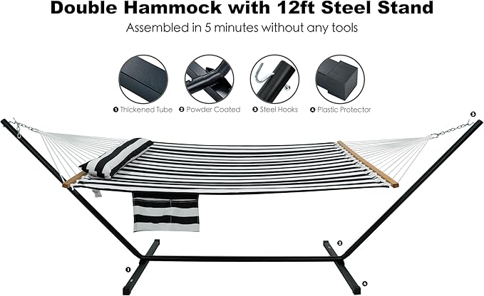 GAFETE 2 Person Hammock with Stand for Outside Heavy Duty Steel Stand Double 55inch Hammocks Large Removable Pillow Storage Bags Max 475 lbs Capacity (Stripe Black-White)