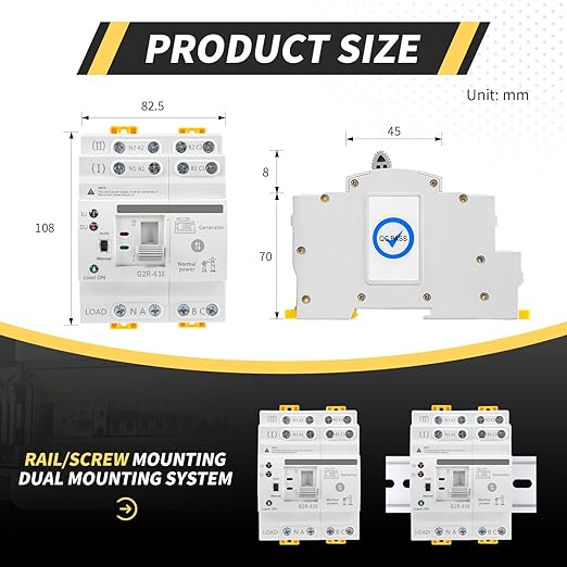 Mini ATS Automatic/Manual Transfer Switch 4P 63A AC110V Home Generator Manual Transfer for Uninterruptible Power Supply 3Phas Dual Power Electrical Selector Switch DIN Rail （G2R 4P 63A AC110V）