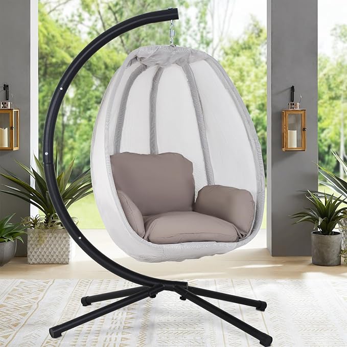Egg Chair with Comfy Cushions Indoor Outdoor Hanging Chair Sturdy Heavy Duty Hammock Chair with Stand Cushions Breathable Fabric Cover for Patio Bedroom Garden Poolside Grey