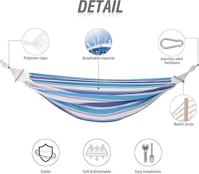 Cotton Hammock with Spreader BarPortable Camping Hammock with Travel BagTree Straps KitPerfect for GardenPatio and Backyard Island Breeze