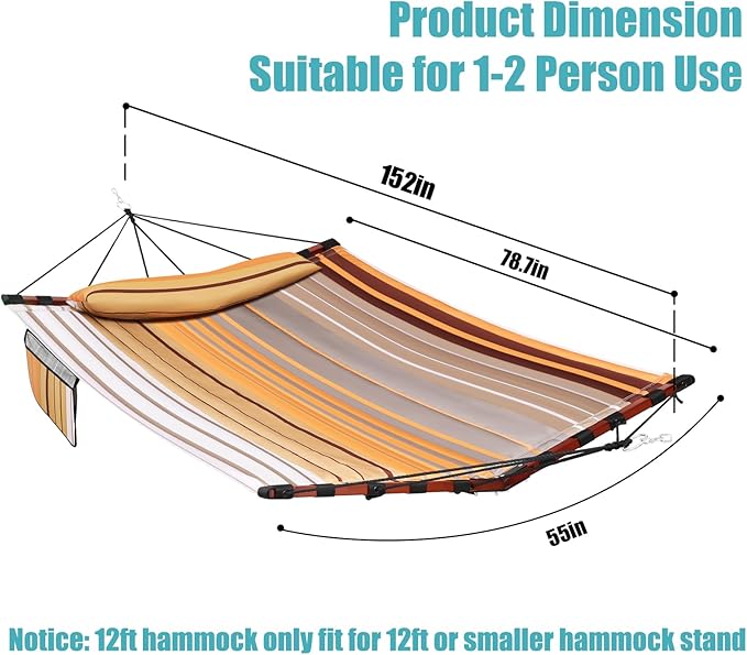 TegerDeger 12FT 2 Person Hammock Large Hammock 450LB Capacity with V Shaped Hardwood Spreader Bar &amp Nylon Rope for Outside Patio Garden Backyard Beach Poolside - Fall Yellow Stripes