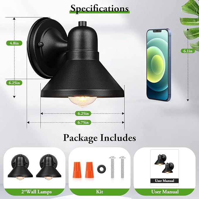 Brightever Outdoor Lanterns 2-Pack Exterior Light Fixtures Waterproof Anti-Rust Black Wall Mount Lights Small E26 Socket Outside Lights for House Front Porch Playhouse Garage