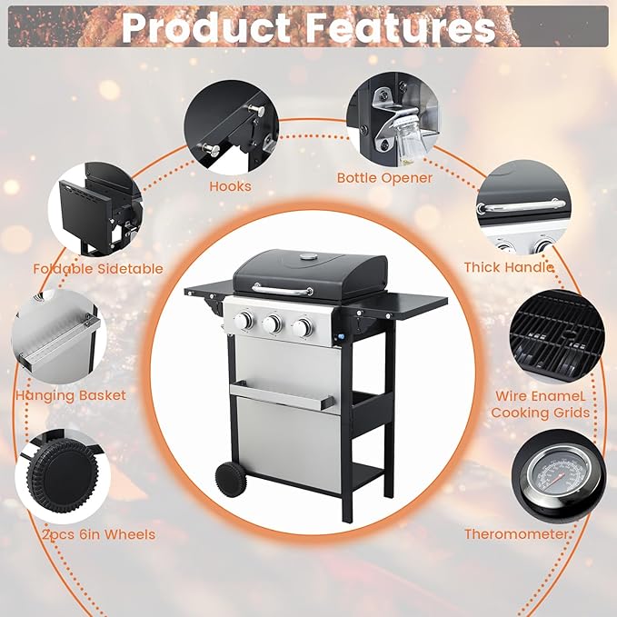 3-Burner Propane Gas BBQ Grill 25650BTU Stainless Steel Barbecue Grill With Wire Enamel Cooking Grids Foldable Side Table for Outdoor Camping (Style10 : 3 Burner)