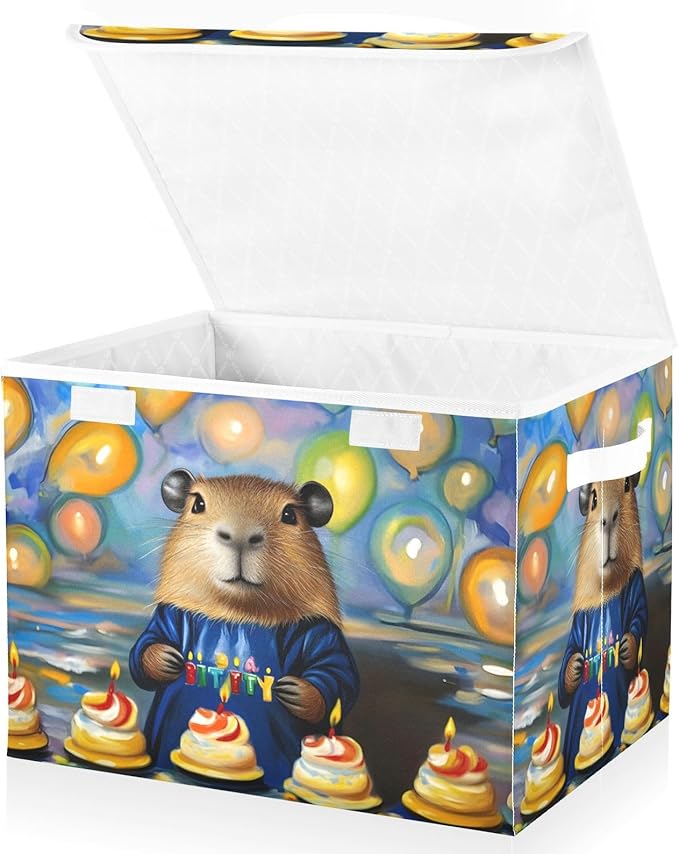 Storage Cube with Lid Birthday Capybara Print 16.5×12.6×11.8 IN Collapsible Large Capacity Foldable Storage Basket Bin Organizer