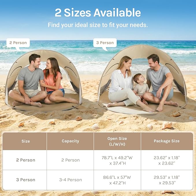 Wolfwise Pop up Beach Tent Sun Shelter with UPF50+ UV Protection Instant Easy Setup Popup Beach Shade Canopy for 2 Person Portable &amp Foldable with Carring Bag 79 ×49×38 in Beige