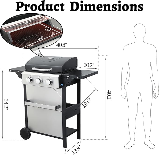 3 Burner Small Propane Gas Grill with Porcelain-Enameled Grates &amp Thermometer Stainless Steel 25650 Btu Small Gas Grills Outdoor Barbecue Grill Propane with Folding Side Tables &amp Wheels