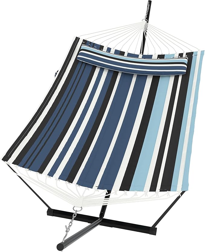 2 Person Double Hammock with Stand &amp Pillow 450 LBS Heavy Duty Outdoor Hammock with Balance Rope for Patio Backyard Poolside
