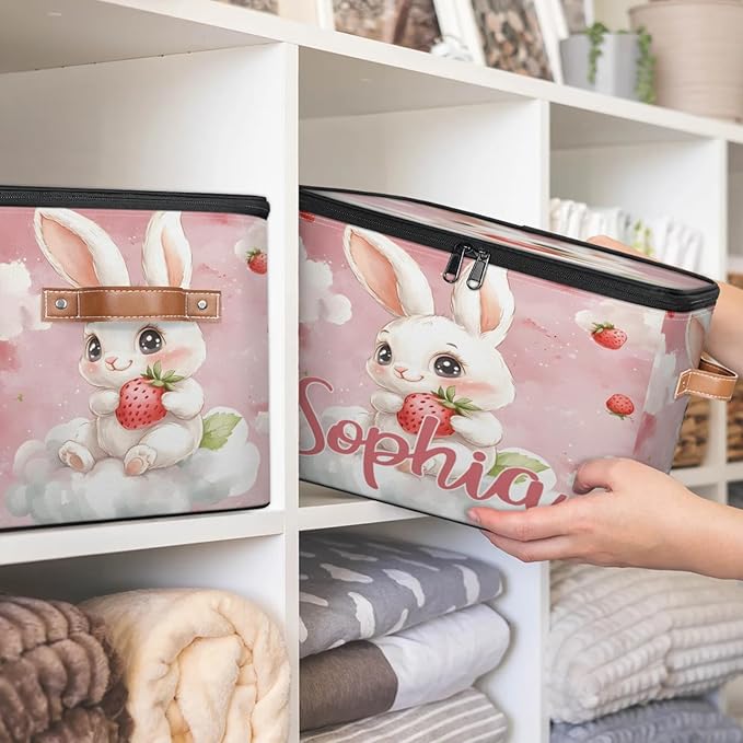 Custom Storage Basket with Name Personalized Storage Bins with Zipper Lid Foldable Fabric Storage Box Large capacity with Handle Clouds Rabbit Strawberry