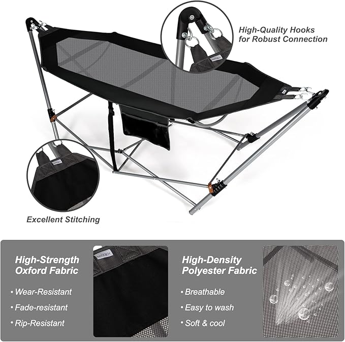 Portable Folding Hammock w/Side Pocket Lounge Camping Bed w/Metal Stand &amp Anti-tip Buckles Outdoor Camping Hammock with Carrying Bag for Patio Garden Yard Easy Assembly (Black)