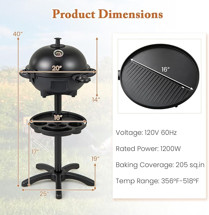 1200W Electric Grill Outdoor 2-in-1 Freestanding &amp Tabletop BBQ Grill w/Thermometer Nonstick Griddle Lid &amp Drip Tray Portable Camping Grill for Patio Backyard Party Black