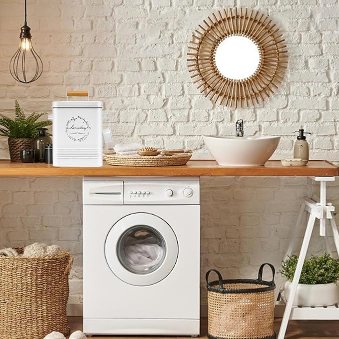 Laundry Detergent Container for Laundry Room Organization and Storage Modern Farmhouse Metal Laundry Decor Scent Boosters Beads Dispenser With Lid and Hand Scoop Pods Holder Bin White