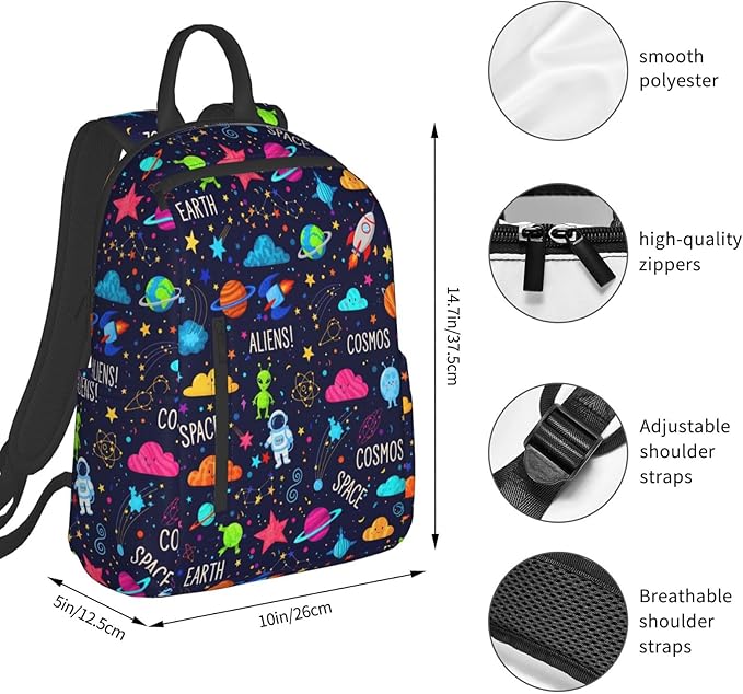 Cartoon space rockets astronaunt planets stars alien art Travel Backpack Water Resistant Bookbag