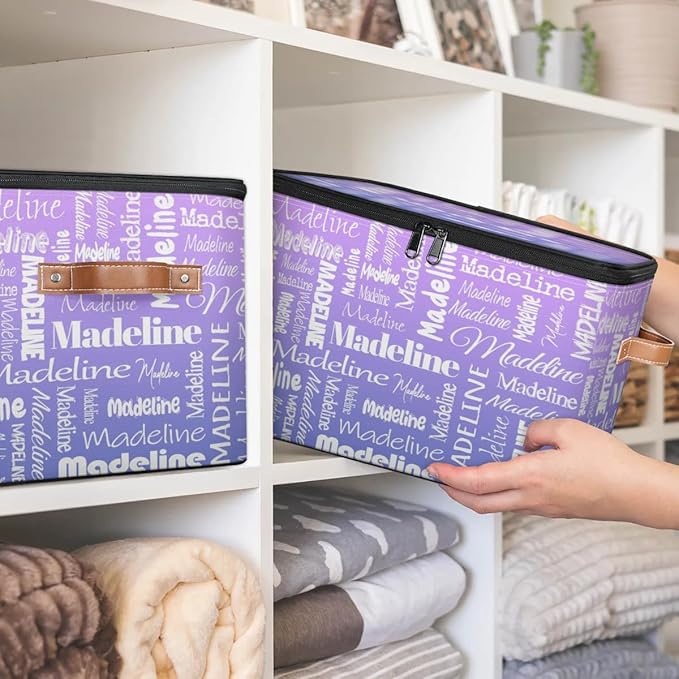 Custom Storage Basket with Name Personalized Keepsake Box with Zipper Lid Foldable Fabric Memory Bin Large capacity with Handle Purple