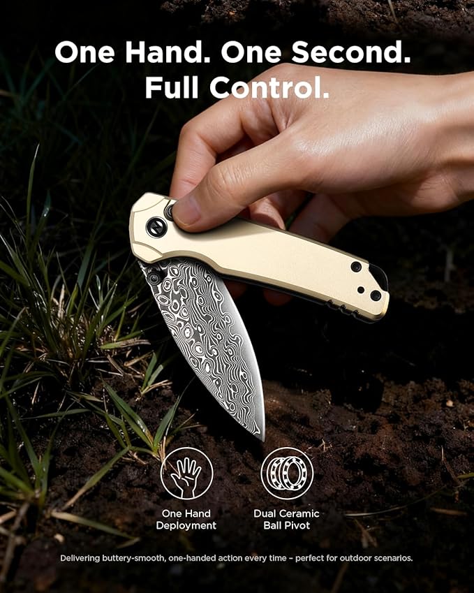Folding Pocket Knife for EDC Small Pocket Knives for Men Women 2.99 Damascus Steel Blade Aluminum Handle with Clip for Camping Hiking Outdoor Survival Mini 3080AB (Beige)
