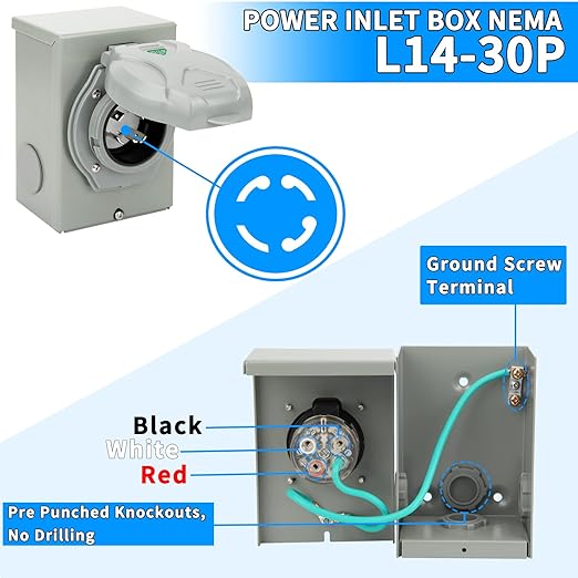 30AMP Generator Power Inlet Box with Pre Punched Knockouts NEMA L14-30P for 4 Prong Generator with LED Indicator Light 125/250 Volt 7500 Watts for Outdoor Use ETL Listed (L14-30P)