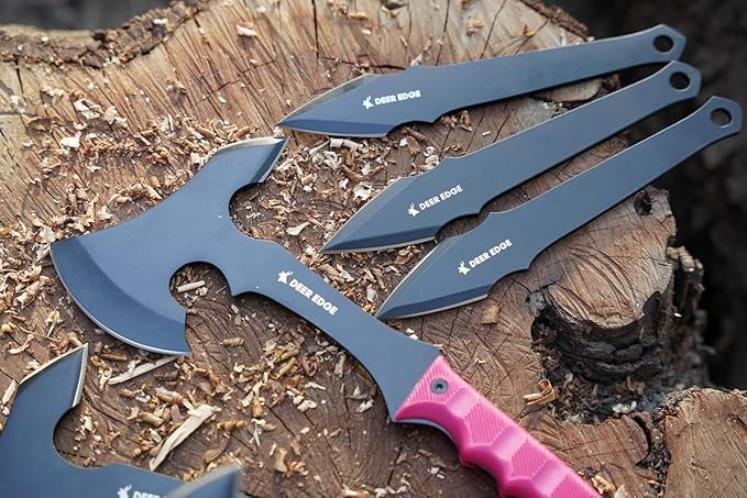 11.5 Throwing Axe Set – Professional Throwing Axe Pack of 6 - Chopping Hatchet with Pink Rubber Handle &amp Nylon Sheath – Small Outdoor Camp Hatchet for Axe Throwing Game
