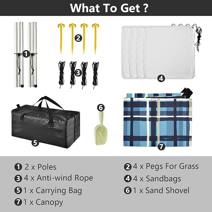 xigua Plaid Pattern Beach Tent Sun Shelter with Carrying Bag - Silver Coated Oxford Fabric Beach Canopy for Beach Camping Fishing - Includes Windproof Ropes Sandbags &amp Stakes