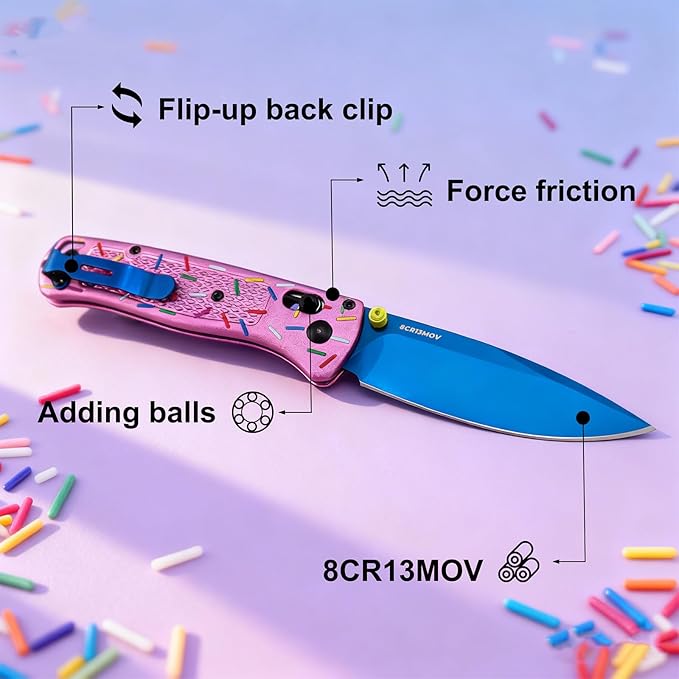 Pink Donut Pocket Knife 3 Blade Pink Pocket Knife with Clip Aluminum Handle for Women Men for EDC Camping