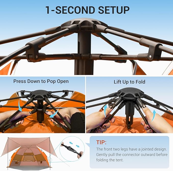 Elegear CumbreX™ Beach Tent with 360° Removable Canopy 4-6 Person Pop Up Sun Shade Shelter UPF 50+ Automated Installation Double Silver Coating Portable Lightweight Beach Cabana for Outdoor Orange