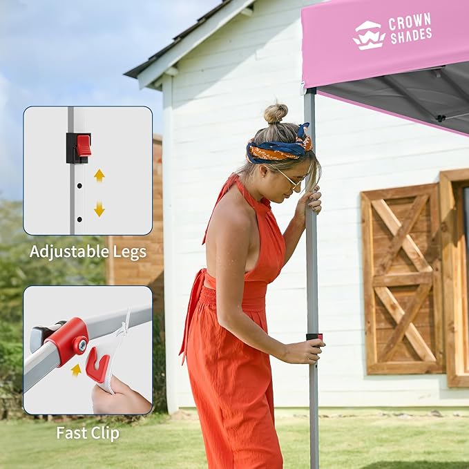 CROWN SHADES Canopy Tent 10 x 10 Foot Portable Pop Up Outdoor Shelter with 1 Sidewall Easy 1 Push Center Lock UV Protection and Carry Bag Pink