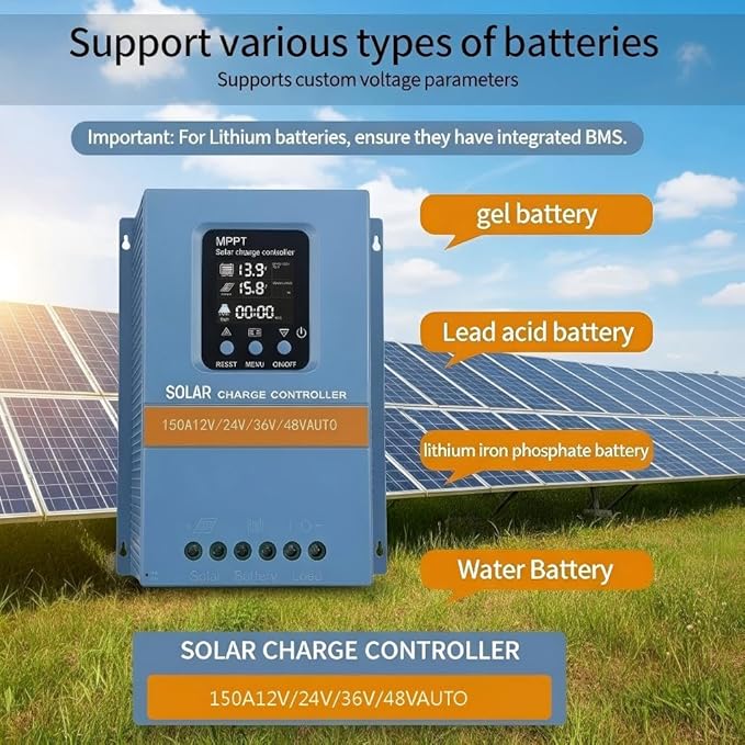 Solar Charge Controller 150A 12V 24V 36V 48V Intelligent Recognition LCD Display Battery Intelligent Regulator Maximum 100V Input Dual USB for Lead Acid/Lithium Battery (SA150A)