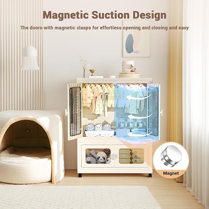 Stackable Storage Bins Plastic Collapsible Storage Containers with Doors Wheels And Hanging Rods 29.52 x 14.96 x 40.55 Large Lidded Closet Organizers Cabinet for Home OfficeWhite