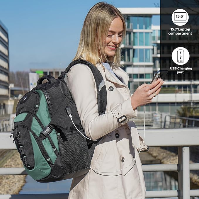 Swissdigital Design Laptop Backpack with USB Charging Port Travel Backpack Fits 15.6 inches Computer 31L College School Backpack for Men Lake Green/Black | SD803-27