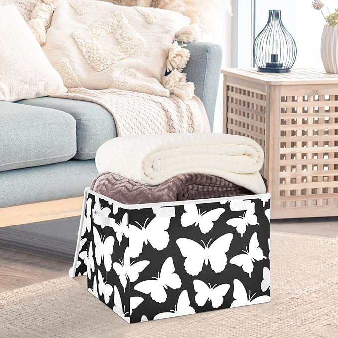 foldable 40 L cube storage bins with handles heavy duty storage containers Christmas For BedroomCloset Living Room 42x32x30cm -Fashion Black and White Butterfly