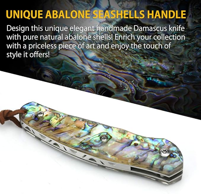 NedFoss Pocket Knife Damascus Pocket Knife with Abalone Shell Handle Handmade Forged Damascus Steel Folding Knife with Gift Box Excellent Gifts for Men Women (A-Polar Bear)