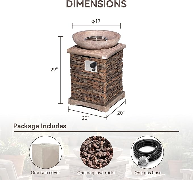 COSIEST Outdoor Propane Fire Pit Table w Faux Brown Compact Ledge Stone 20 Square Base and Faux Rose-Marble Round Bowl Certified 40000 BTU Free Lava Rocks Fits 20lb Tank Inside Raincover