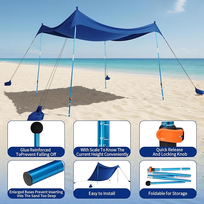 CROWN SHADES 10x10 Beach Tent Sun Shelter Easy Pop Up Beach Canopy Shade Portable Outdoor Carpas UPF50+ Includes 4 Poles Adjustable Aluminium Extra-Large Big Sand Shovel Dark Blue