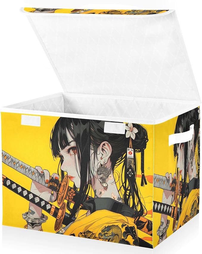 Storage Cube with Lid Samurai Anime Yellow Print 16.5×12.6×11.8 IN Collapsible Large Capacity Foldable Storage Basket Bin Organizer