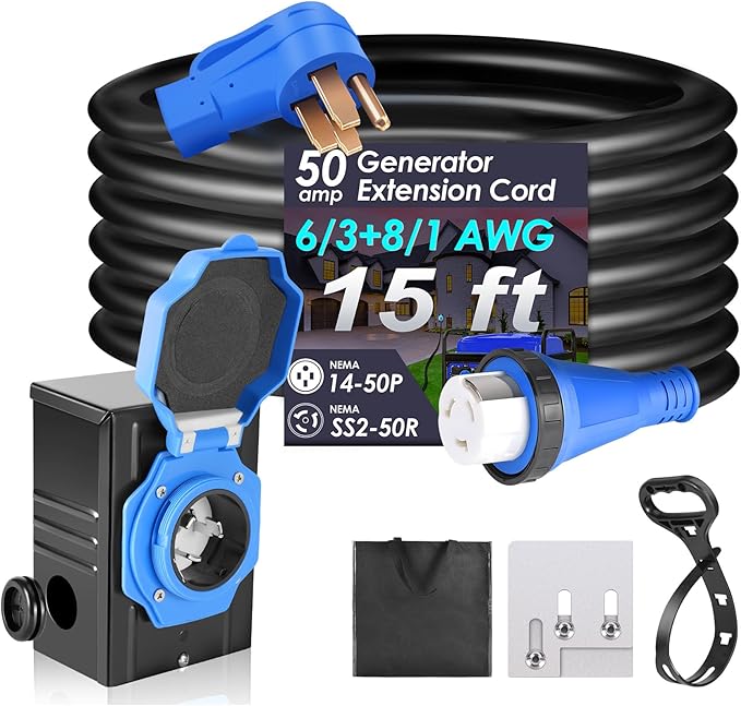 Seeutek 50 Amp Generator Cord 4 Prong 15 FT Generator Extension Cord with Pre-drilled Power Inlet Box &amp Interlock Kit NEMA 14-50P/SS2-50P Functional Cable High Conductivity ETL Listed