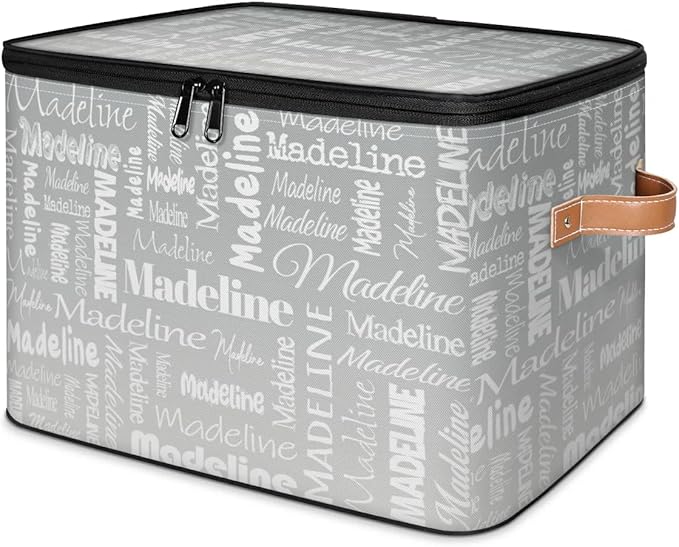 Custom Storage Basket with Name Personalized Keepsake Box with Zipper Lid Foldable Fabric Memory Bin Large capacity with Handle Grey
