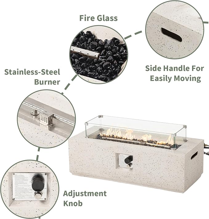 COSIEST 2-Piece Outdoor Propane Fire Pit Table Set w Tank Table 42-inch Terrazzo Rectangle Fire Table (50000 BTU) w 16 inches Tank Cover Side Table 20lb Wind Guard Black Fire Glass Rain Cover