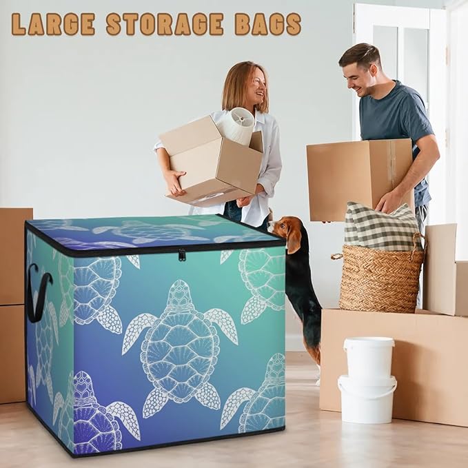 Large Sea Turtles Storage Bags with Lid XL Blanket Clothes Storage Bins Foldable Organizers Storage Containers with Handle for Comforters Bed Sheets Pillows Sea Animal Turtle