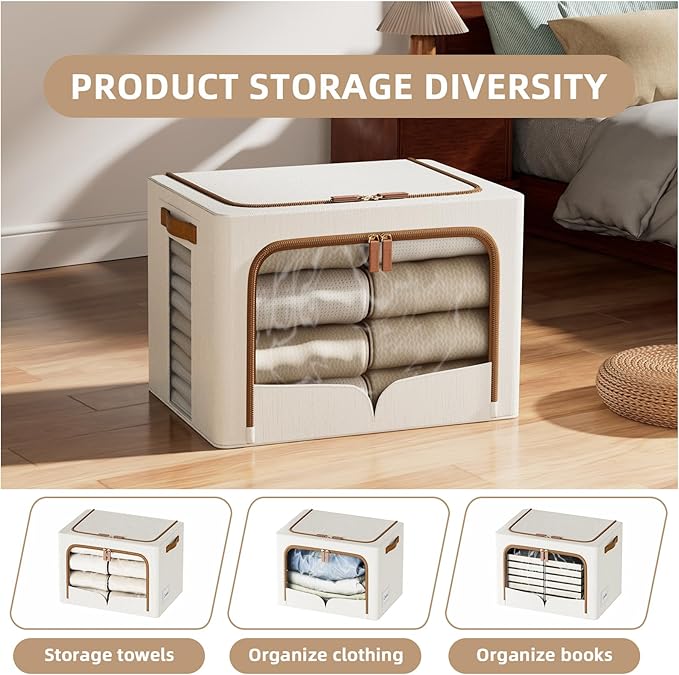 FHSQX 6 Pack Clothes Storage Bins - Foldable Storage Bins for Clothes Fabric Storage Box with Metal Frame (Cream White 16.5x12.2x12.2 inch)