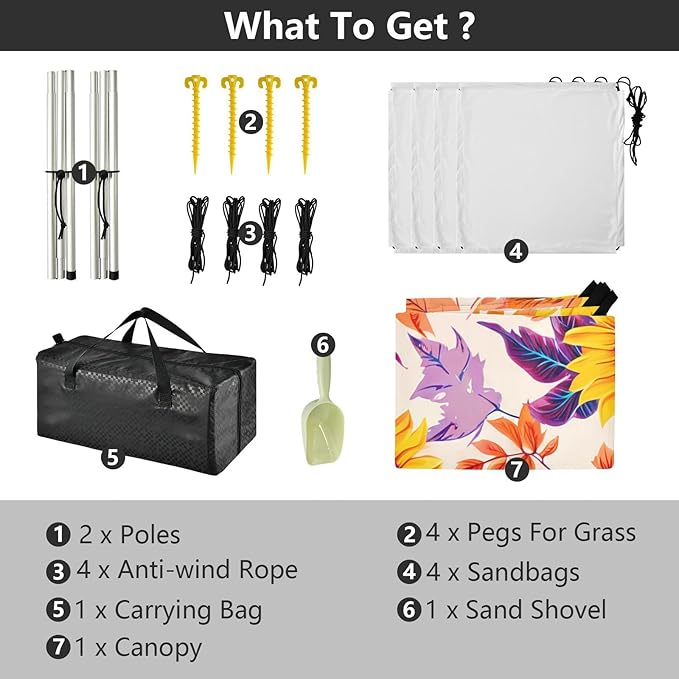 Beach Canopy with Windproof Ropes &amp Sandbags Beach Tent Sun Shade Sun Shelter for Camping Trips Fishing Backyard Fun or Picnics Flowers