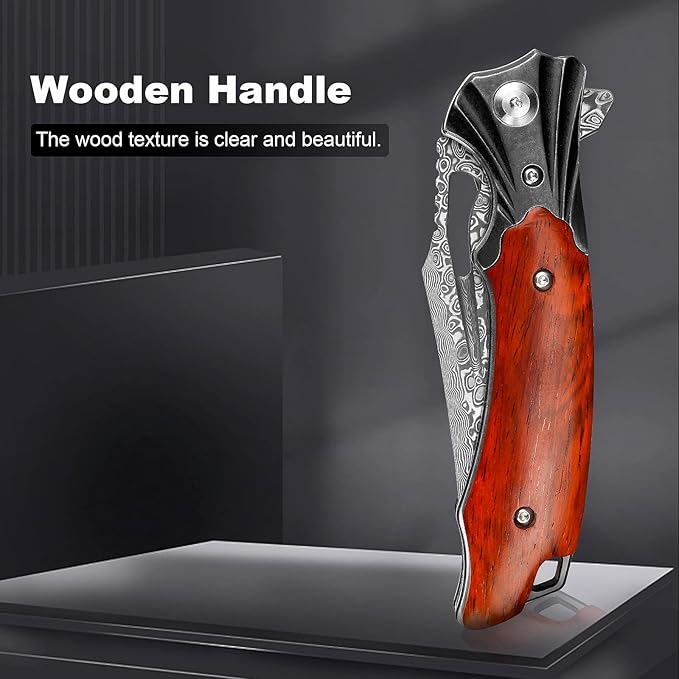 Zingbee Damascus Pocket Knife for Men Women Wood Handle Folding Knife with Sheath 3.15 Damascus Steel Blade Pocket Knives for Outdoor