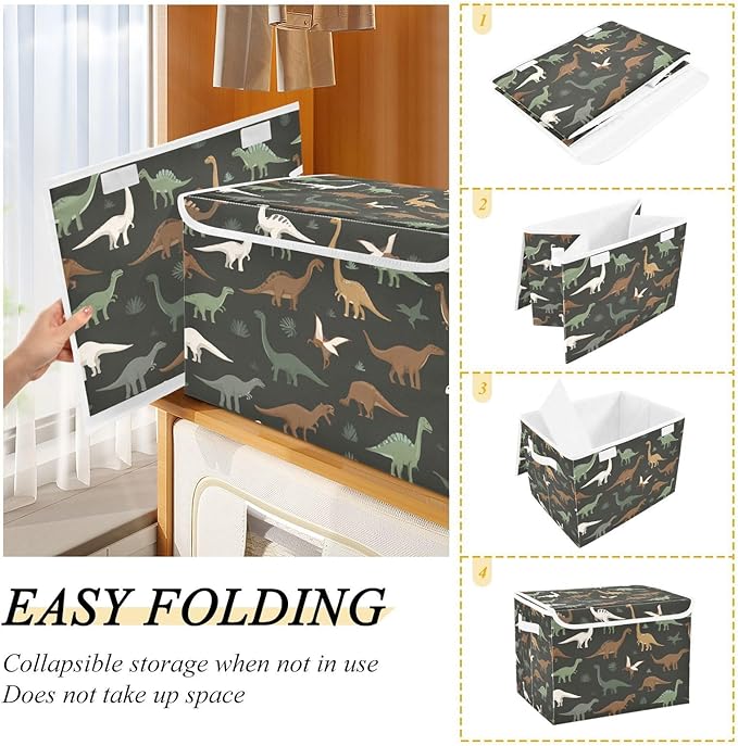 Storage Bins with Lids Storage Containers Box Organizer Bin Basket with Handles for Closet Shelves Clothes Stackable Foldable Decorative Green and Brown Dinosaurs
