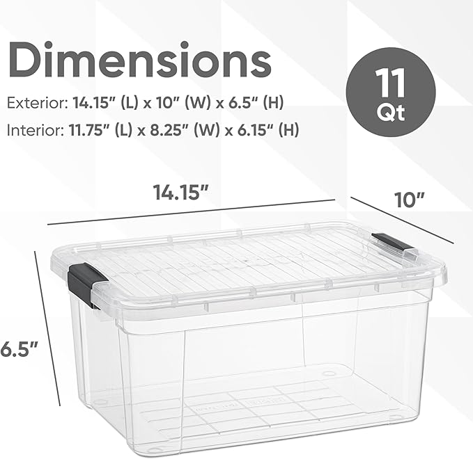Superio Small Storage Bins with Lids - Clear Boxes for Organizing Stackable Plastic Containers - BPA Free Non-Toxic Odor Free Organizer for Home Office Dorm(8 Pack 11 Qt)