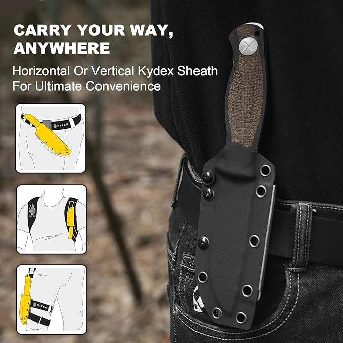 Kizer Polaris Fixed Blade Knife 4.23 AEB-L Steel Camping Knife with Brown Black Micarta &amp Black G10 Handle Survival Hunting Bushcraft Knives with Adjustable Sheath &amp Sharpener 1100A3