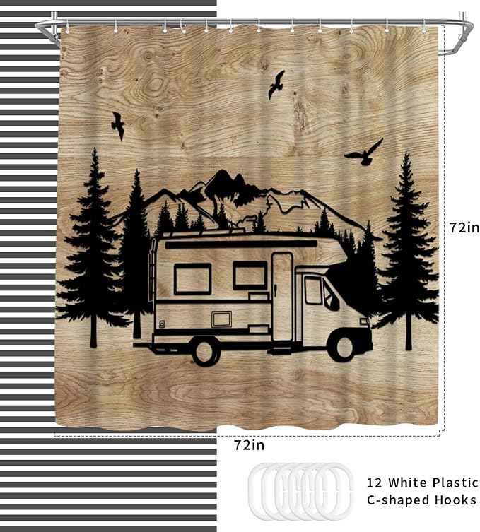 WELMECO Mountain Forest Camping Theme Shower Curtain Rustic Farmhouse Cabin Bathroom Decor Polyester Fabric 72x72 inch with Hooks