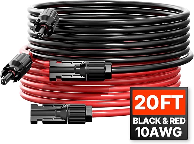 VEVOR 20FT Solar Panel Extension Cable 10AWG Solar Extension Cable Wire with Female &amp Male Waterproof Connectors 6mm² PV Cable for Home Ship and RV Solar Panels 20FT Black + 20 FT Red (Set of