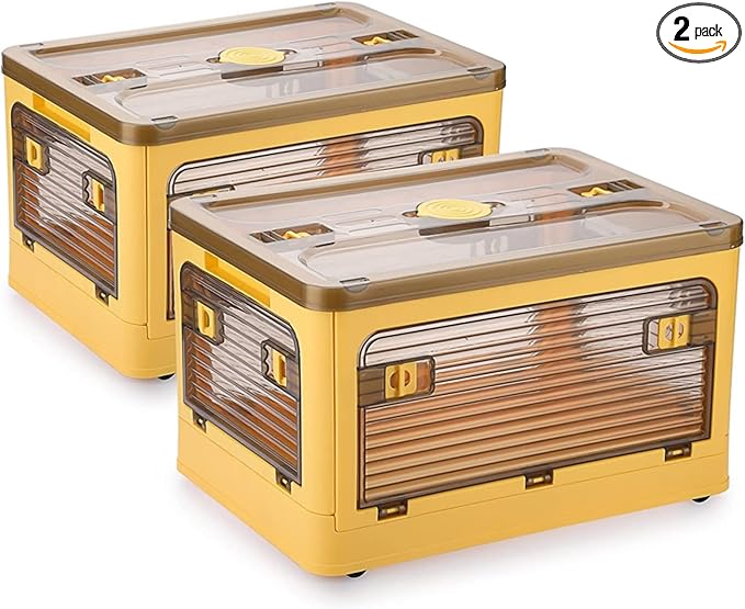 Folding Storage Bins 28 Liters 2 Pcs Yellow Plastic Storage Containers with Wheels Four Doors Foldable Stackable Plastic Box with Lids for Organization Storage Cart